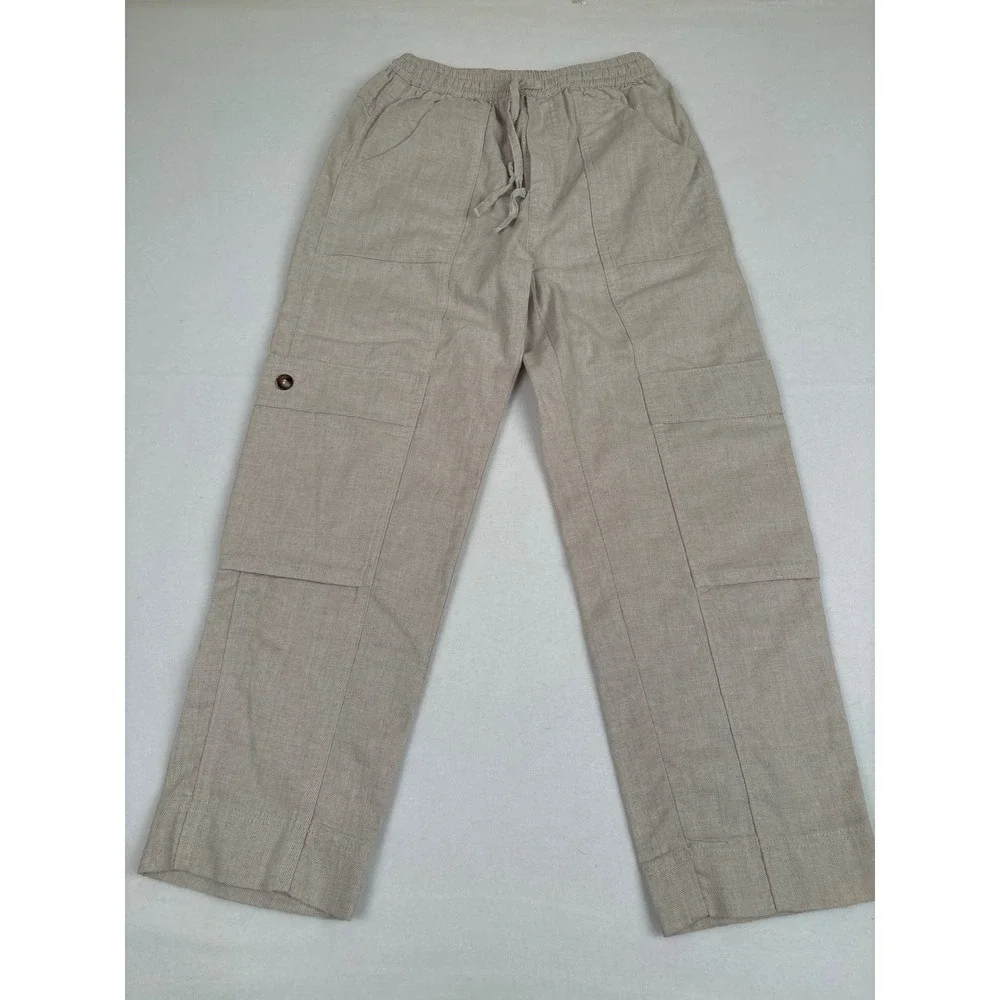 Wishlist Linen Blend Cargo Pants Tan Beige Herringbone Elastic Waist Small